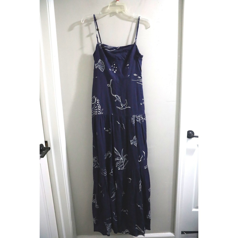 ANAYA Zali Dress Navy Blue Nautical Sea Life Linen Tiered Maxi Dress Size 4